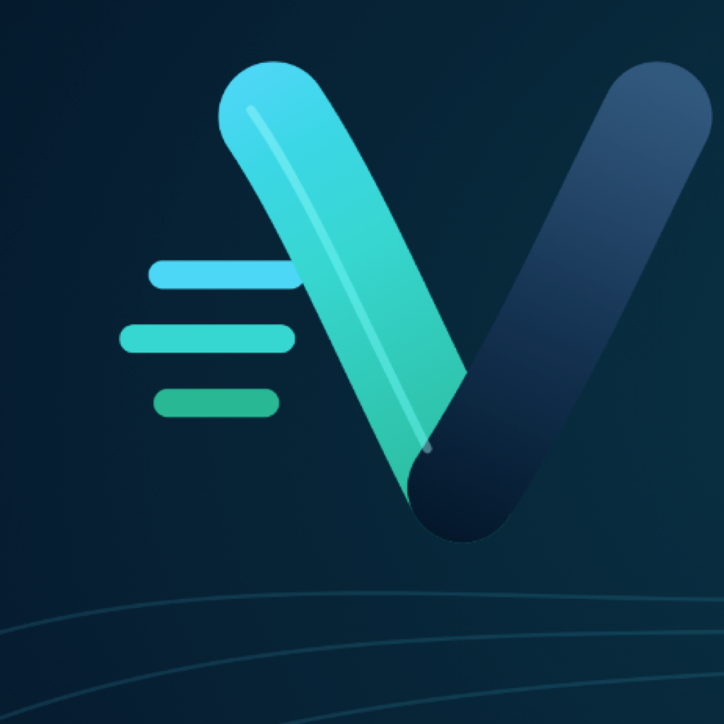 Veyra brand artwork: a teal and navy V with motion lines on a dark ground.