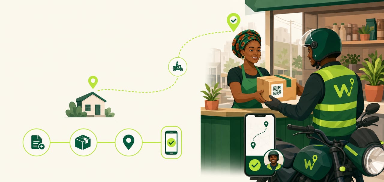 Wayba concept illustration: a shop owner hands a parcel to a rider beside a delivery route.