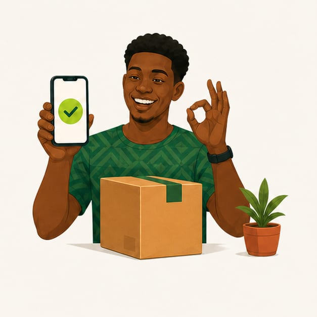 A customer holds up a phone showing a delivery confirmed.